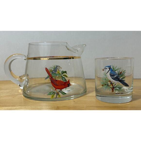 West Virginia Glass Co Songbird Pitcher & Glass – Cardinal & Blue Jay - Picture 1 of 6